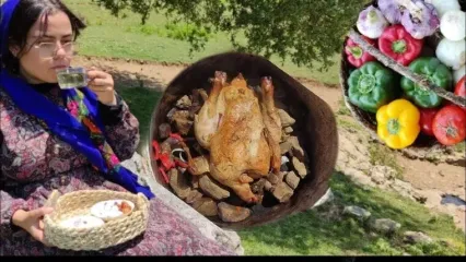 (ویدئو) پخت مرغ سنگی و سبزیجات به روش خاص بانوی روستایی گلستانی