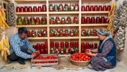 (ویدئو) برداشت 200 کیلو گوجه و تهیه کنسرو توسط زوج روستایی آذربایجانی