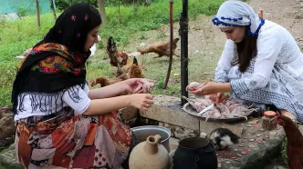 (ویدئو) پخت خورشت فسنجان «بلدرچین» در جنگل توسط سه بانوی روستایی گیلانی