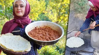 (ویدئو) غذاهای روستایی: پخت نان تازه و میرزا قاسمی به سبک بانوی روستایی شمالی