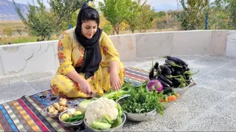 (ویدئو) مهارت دختر روستایی کردستانی در آماده کردن ترشی؛ برداشت بادمجان از مزرعه