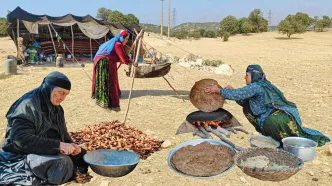 (ویدئو) پخت نان بلوط، کشک، پنیر و جوجه کباب محلی توسط بانوی عشایر قشقایی