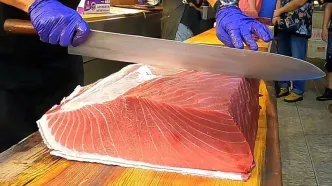 (ویدئو) مهارت استاد ژاپنی در برش حرفه ای یک ماهی تن غول پیکر در توکیو