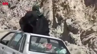 بدلکاری خطرناک در جاده؛ سوار شدن یک خانم چادری بر سقف خودرو در ملایر + فیلم