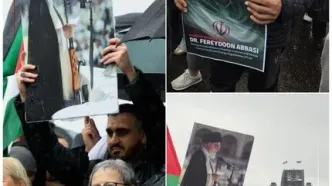 عکس رهبر انقلاب و شهید عباسی در دست تظاهرکنندگان در استرالیا