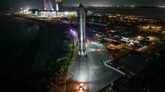 قدرتمندترین موشک جهان شبانه روی سکوی پرتاب قرار گرفت