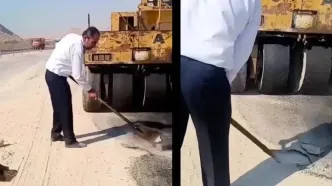 فیلم اقدام تحسین‌برانگیز پلیس راه کنگان / افسر وظیفه‌شناس با کندن آسفالت تقلبی مسافران را نجات داد