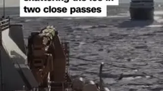 لحظه شکستن یخ‌های قطب جنوب توسط یخ‌شکن گارد ساحلی آمریکا