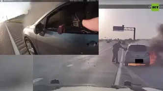 نجات معجزه‌آسای راننده یک خودروی آتش گرفته