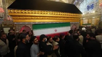 اقامه نماز بر پیکر خانواده رهبر شهید ایران در حرم امام حسین (ع)