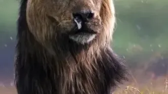تصویری کم‌نظیر از یک شیر نر پس از بارش باران