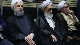 دیدار پزشکیان با روحانی در مراسم ختم احمد ناطق نوری